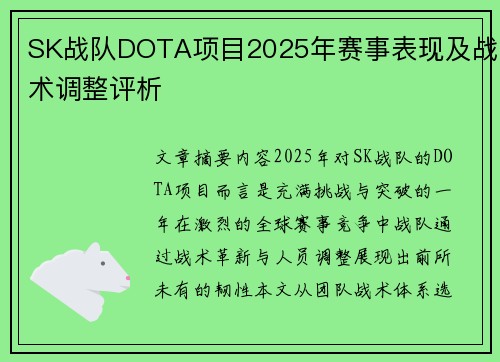 SK战队DOTA项目2025年赛事表现及战术调整评析