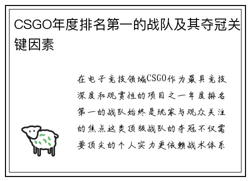 CSGO年度排名第一的战队及其夺冠关键因素